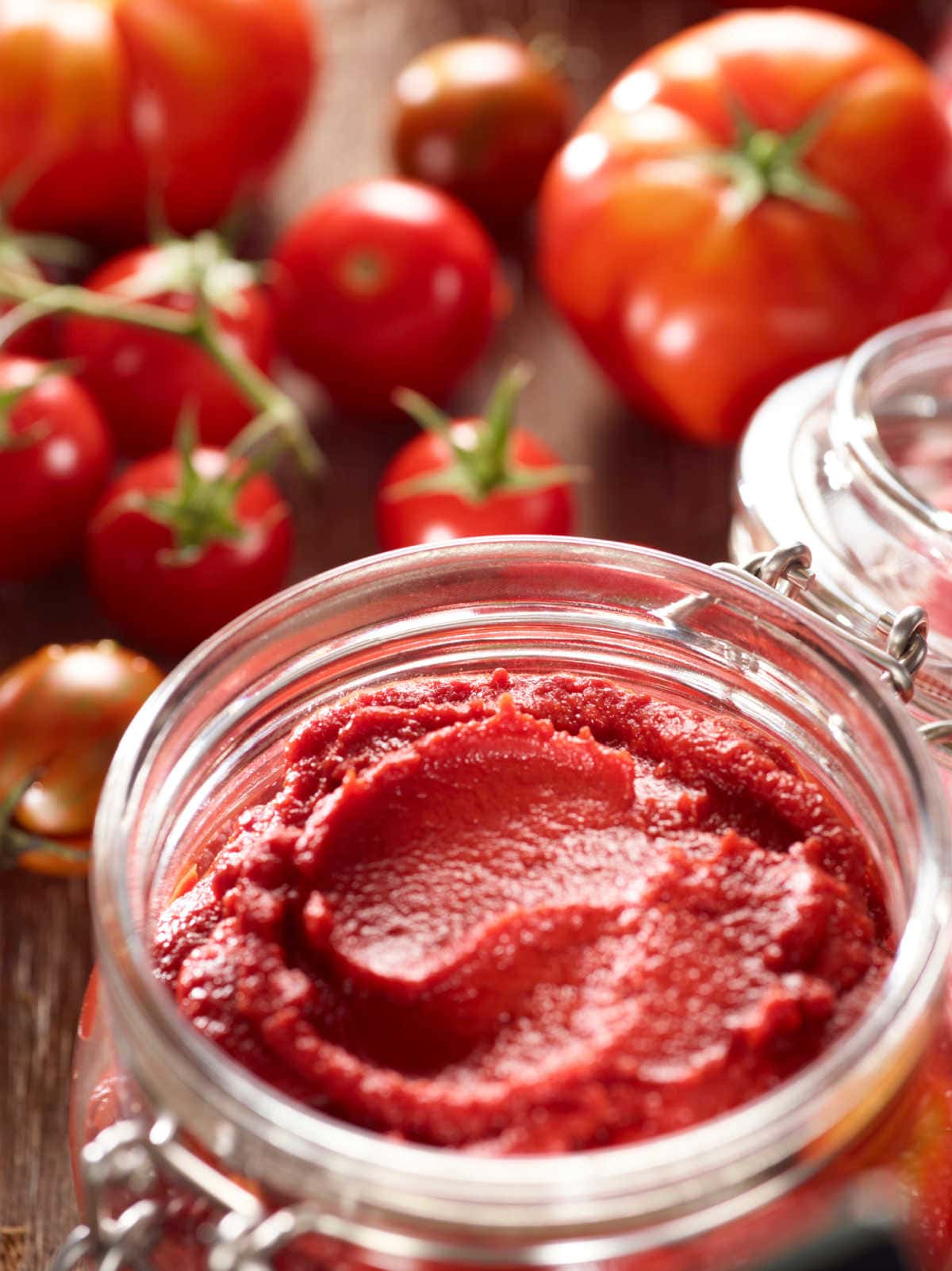 tomato paste in a jar with fresh tomatoes