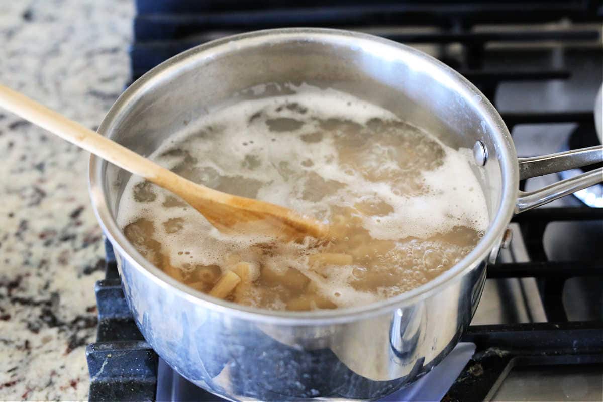 boiling pasta shells in a saucepan of water