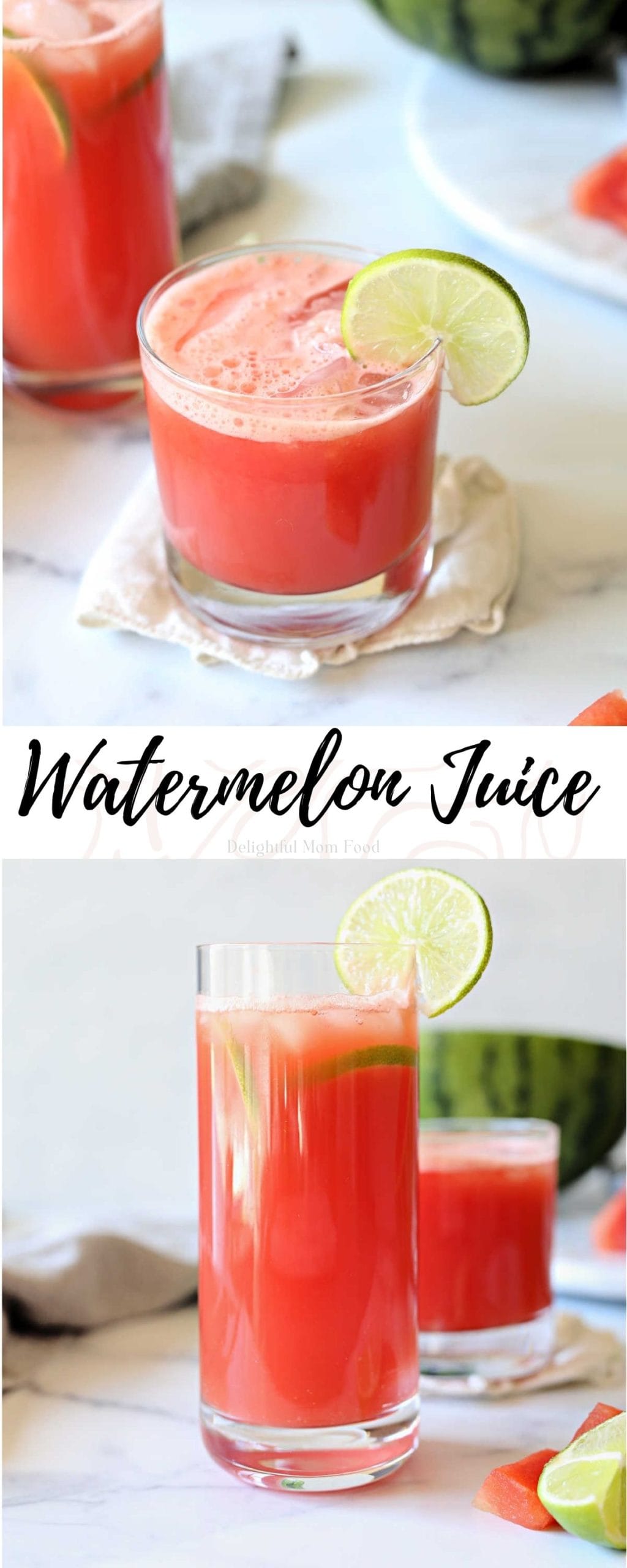 Fresh homemade juice made with watermelon and limes served in a tall glass