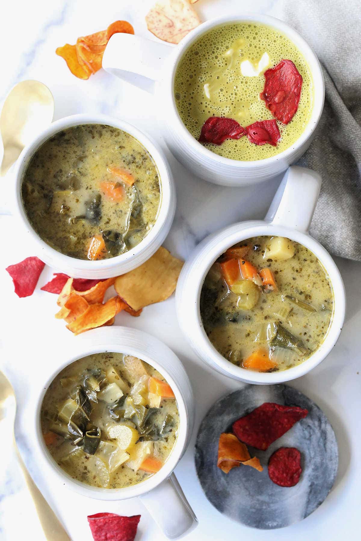 vegetarian swiss chard soup in mugs both creamy and chunky