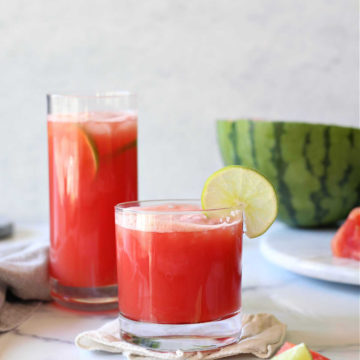 Watermelon Juice in two glasses with lime
