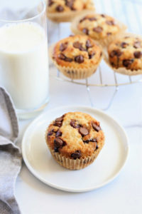 gluten free chocolate chip muffin recipe made with oats served on a plate with a glass of milk