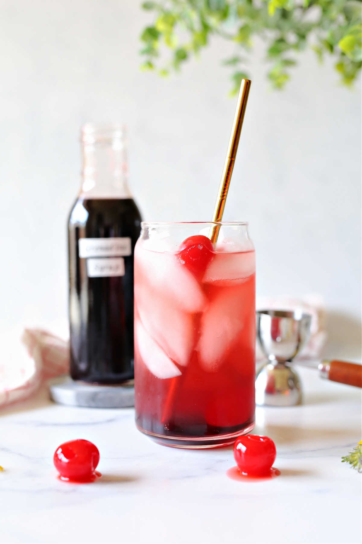 sweet refreshing cherry grenadine syrup and lemon or lime soda beverage called a Shirley Temple