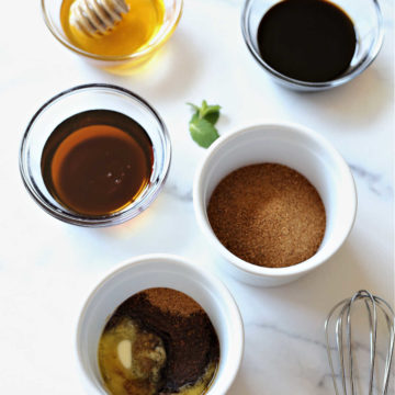 maple syrup substitutes in a bowls with a whisk
