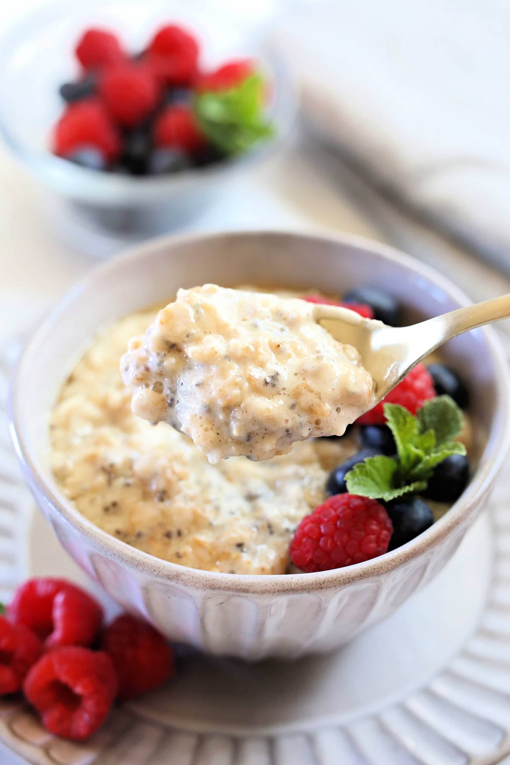 gluten free oatmeal recipe made with protein on a spoon scooped from a breakfast bowl