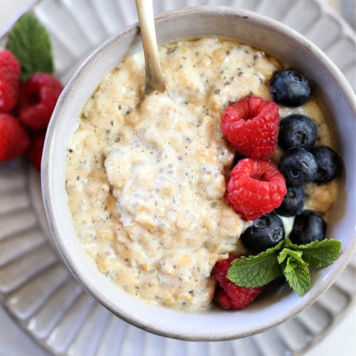 high protein oatmeal with raspberries and blueberries