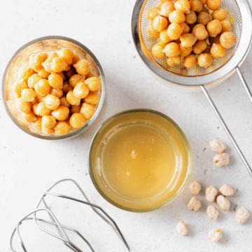 Aquafaba, dried chickpeas, cooked chickpeas and hand mixers