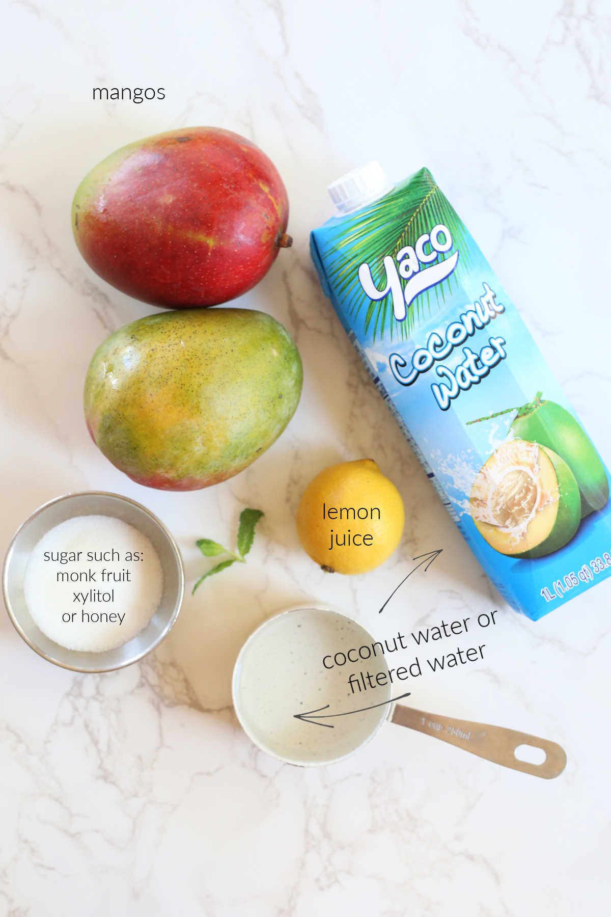 mangos lemon water sugar coconut water ingredients to make mango nectar juice