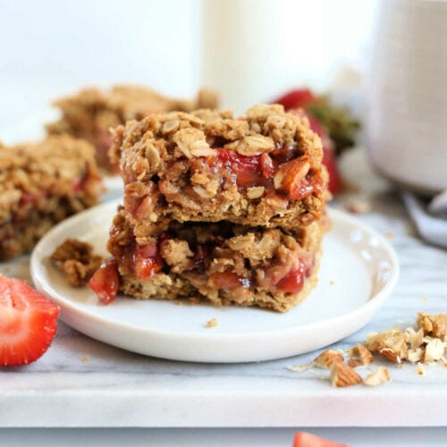 Strawberry crumble bars on a plate