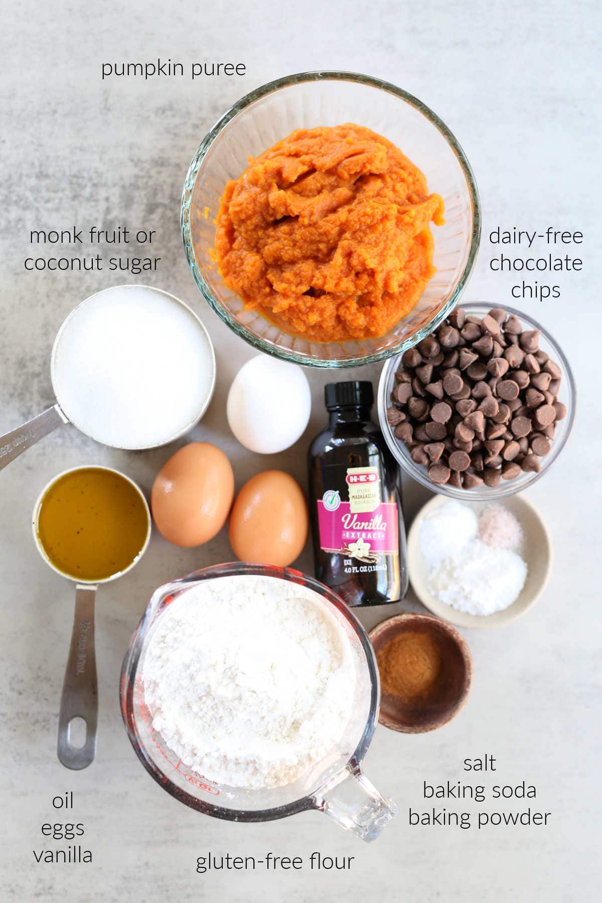 pumpkin puree, gluten-free flour, chocolate chips, oil, eggs, vanilla, leavening agent ingredients for muffins