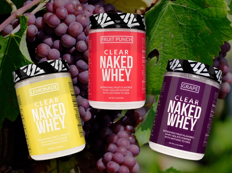 whey isolate powder in 3 flavors of lemonade, fruit juice, and grape