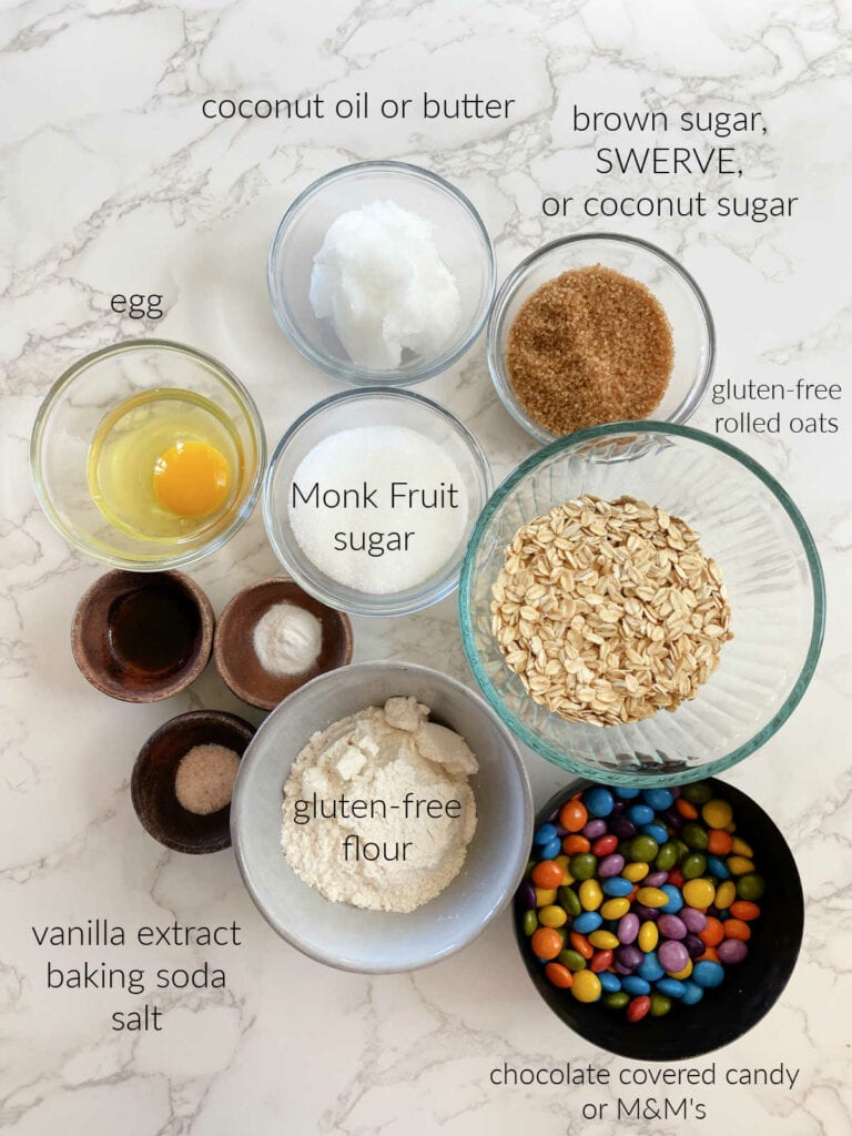 gluten-free ingredients for monster cookies in bowls