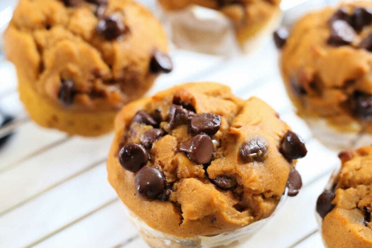 best chocolate chip pumpkin muffins made with gluten-free ingredients cooling on a rack