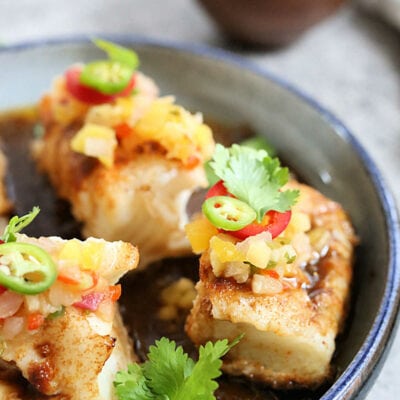 Baked Chilean Sea Bass with Soy-Orange Marinade and Mango Pineapple Salsa