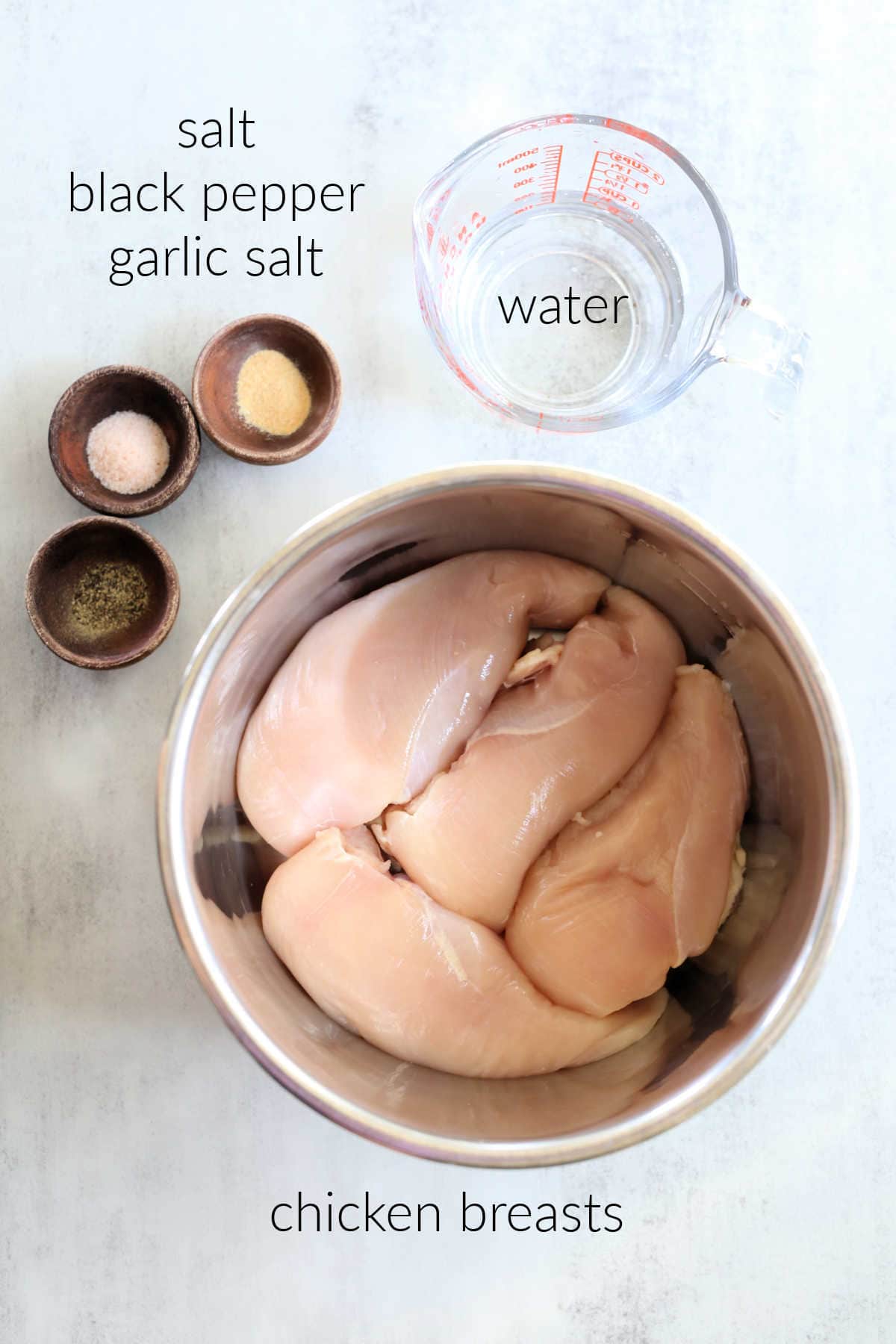ingredients to make chicken in the slow cooker chicken breasts water salt pepper garlic salt