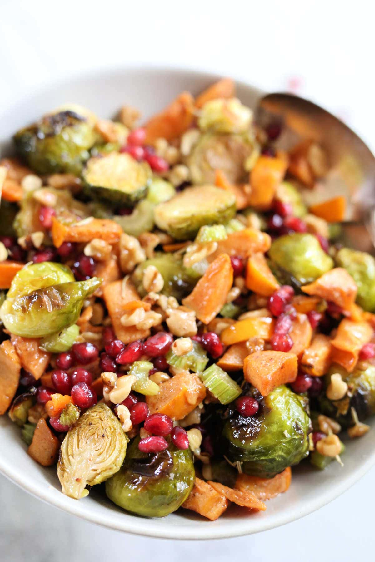 close up of a brussels sprouts salad with roasted vegetables
