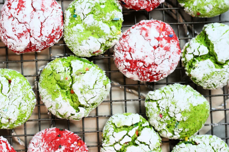 red and green crinkle cookies on a cooling rack for Christmas