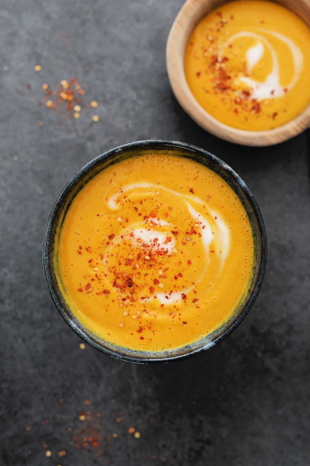 roasted butternut squash apple soup in a bowl