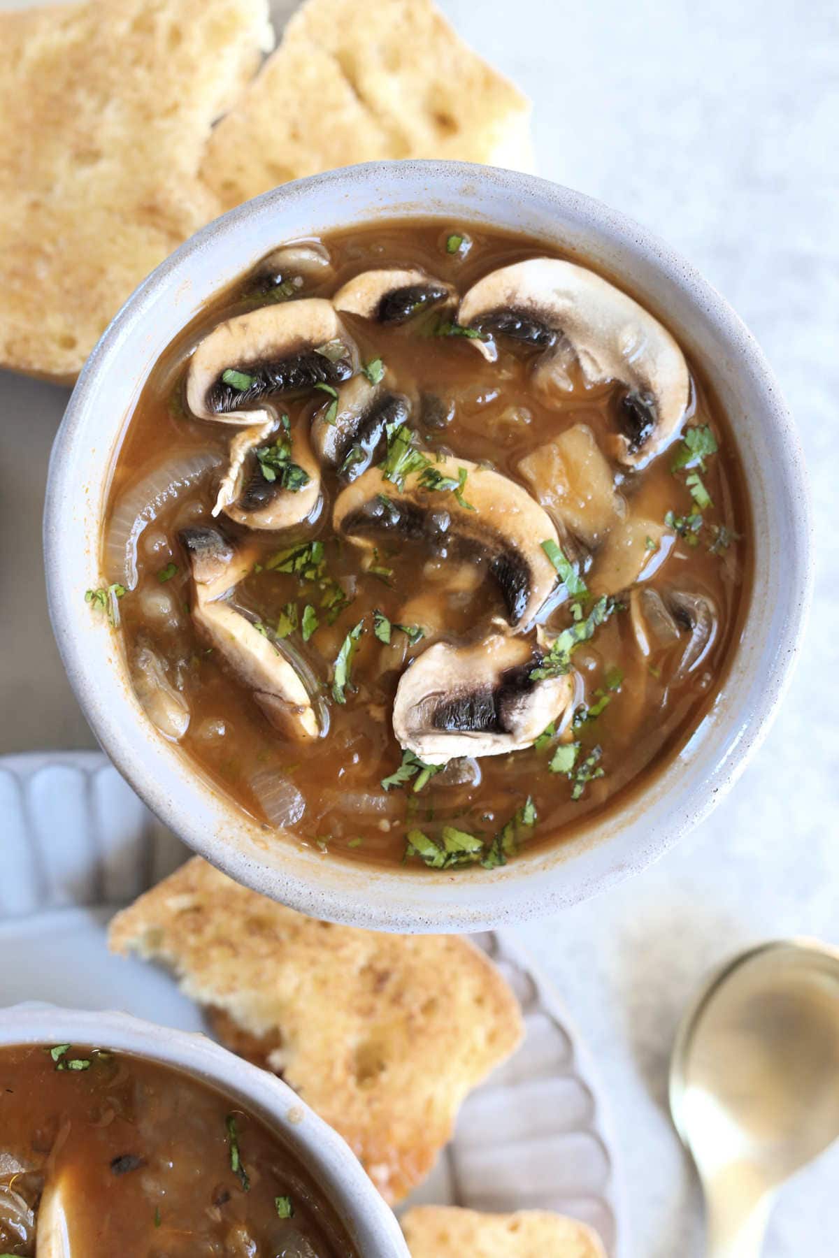 mushroom onion soup in a bowl with crispy bread