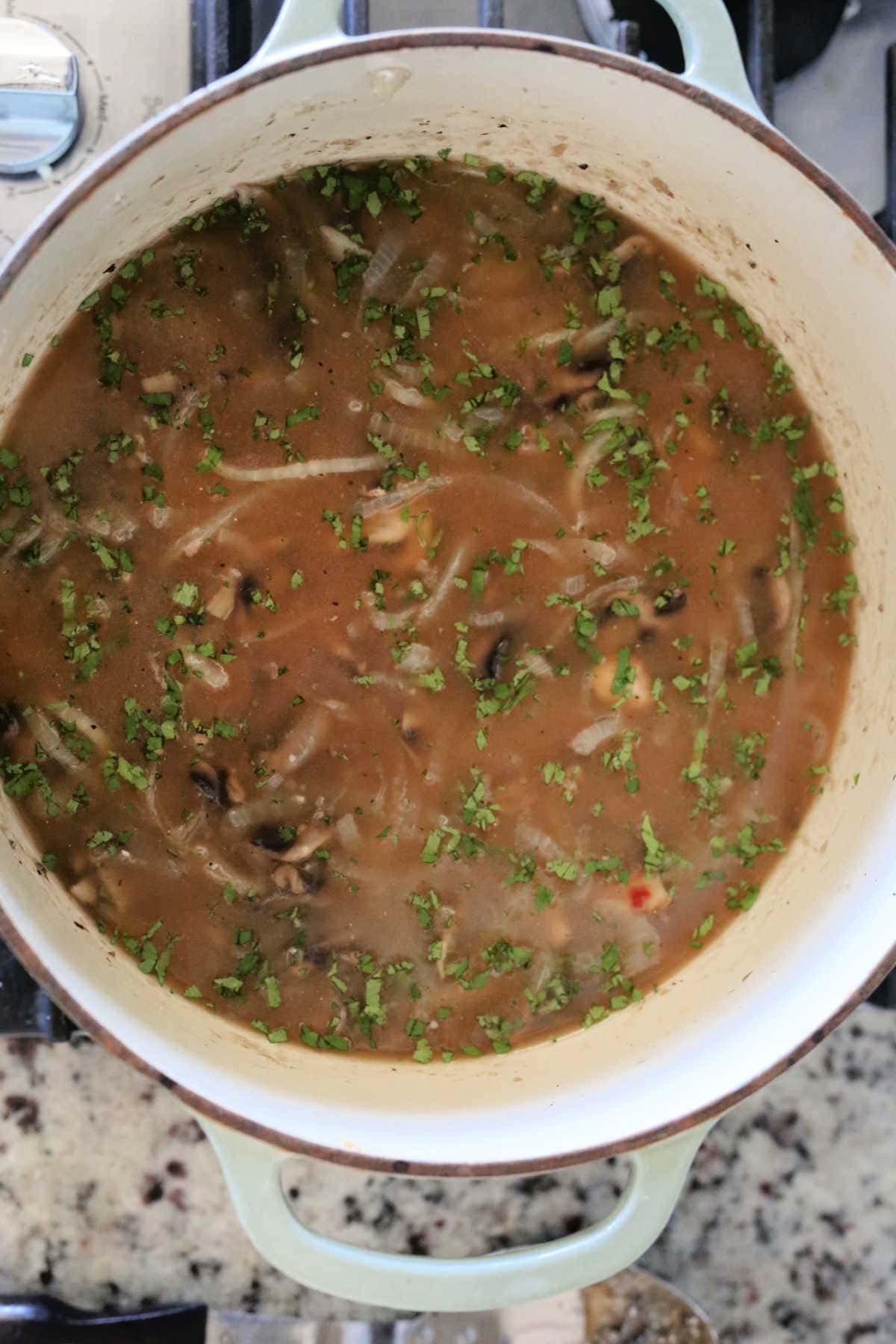 mushroom and onion soup in a pot on the stove