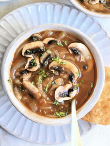 Mushroom onion soup in a bowl.
