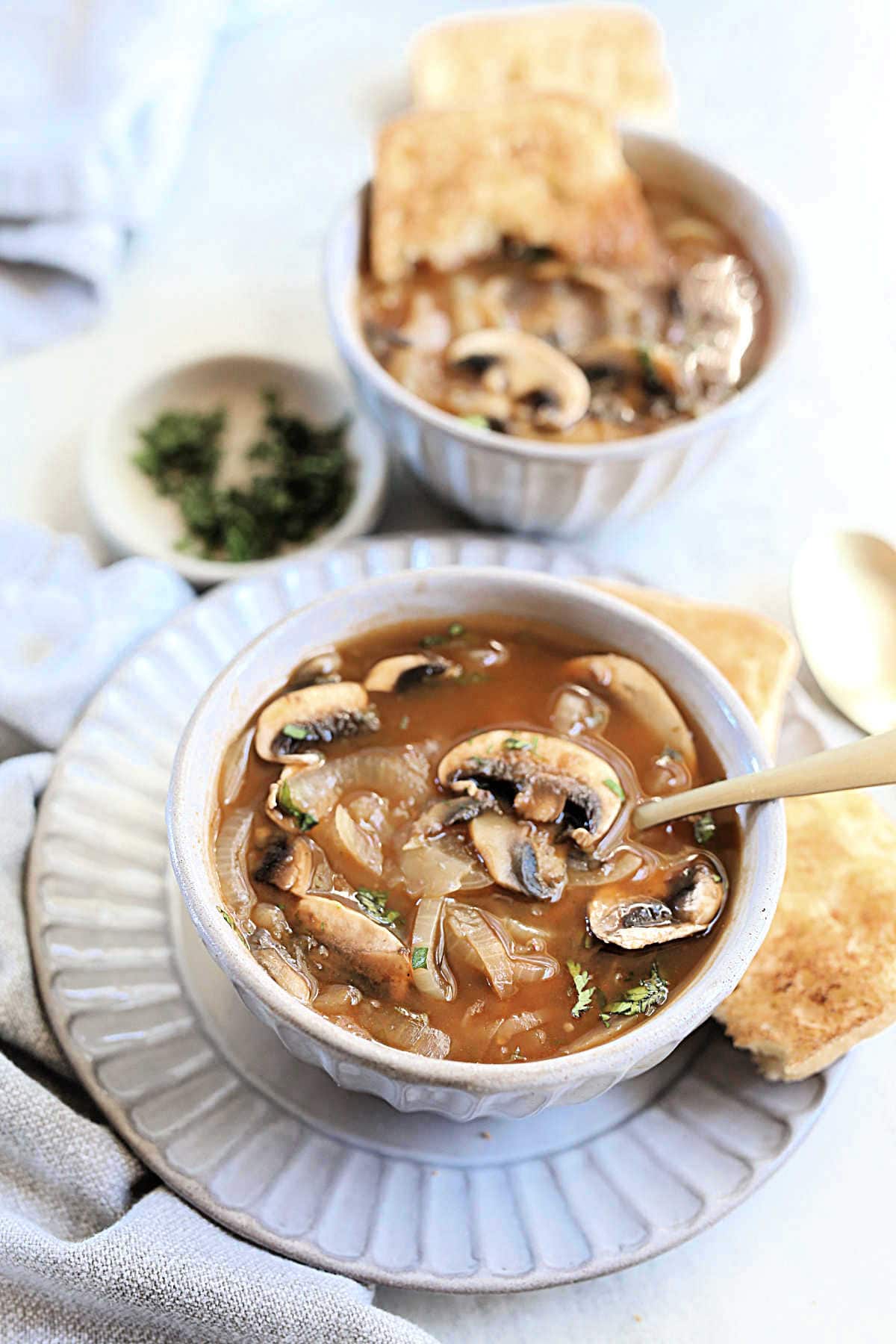 easy onion mushroom soup in a bowl with a spoon