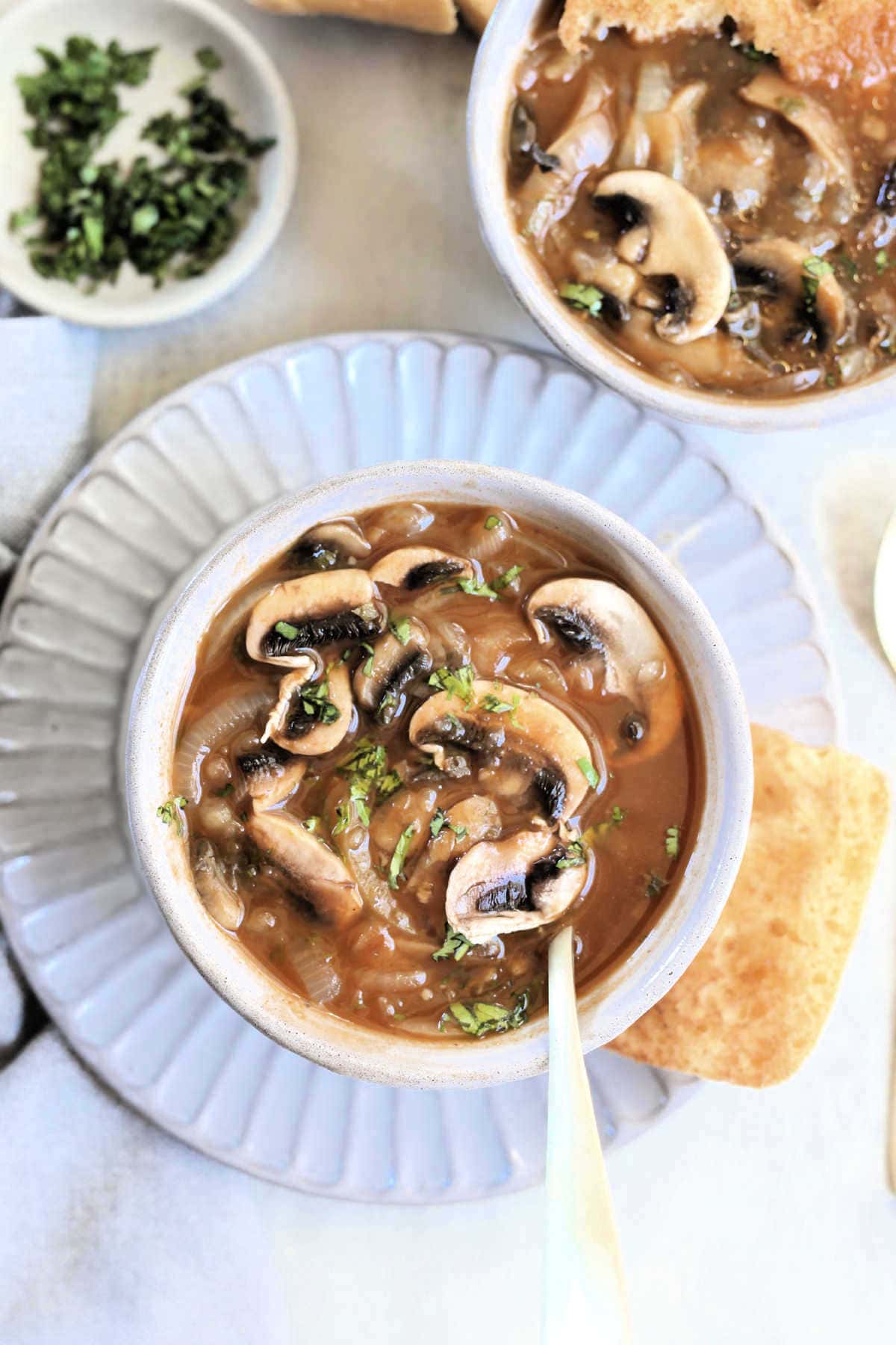 bowl of onion and mushroom soup with a spoon