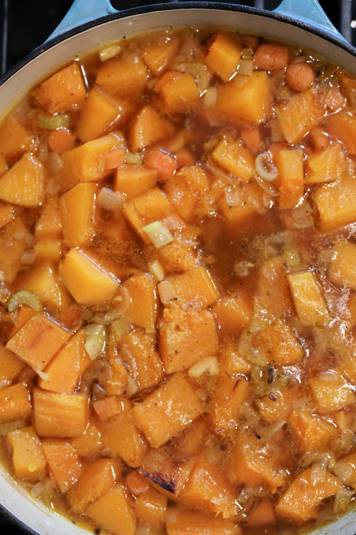 roasted butternut squash and apples in a pot with broth