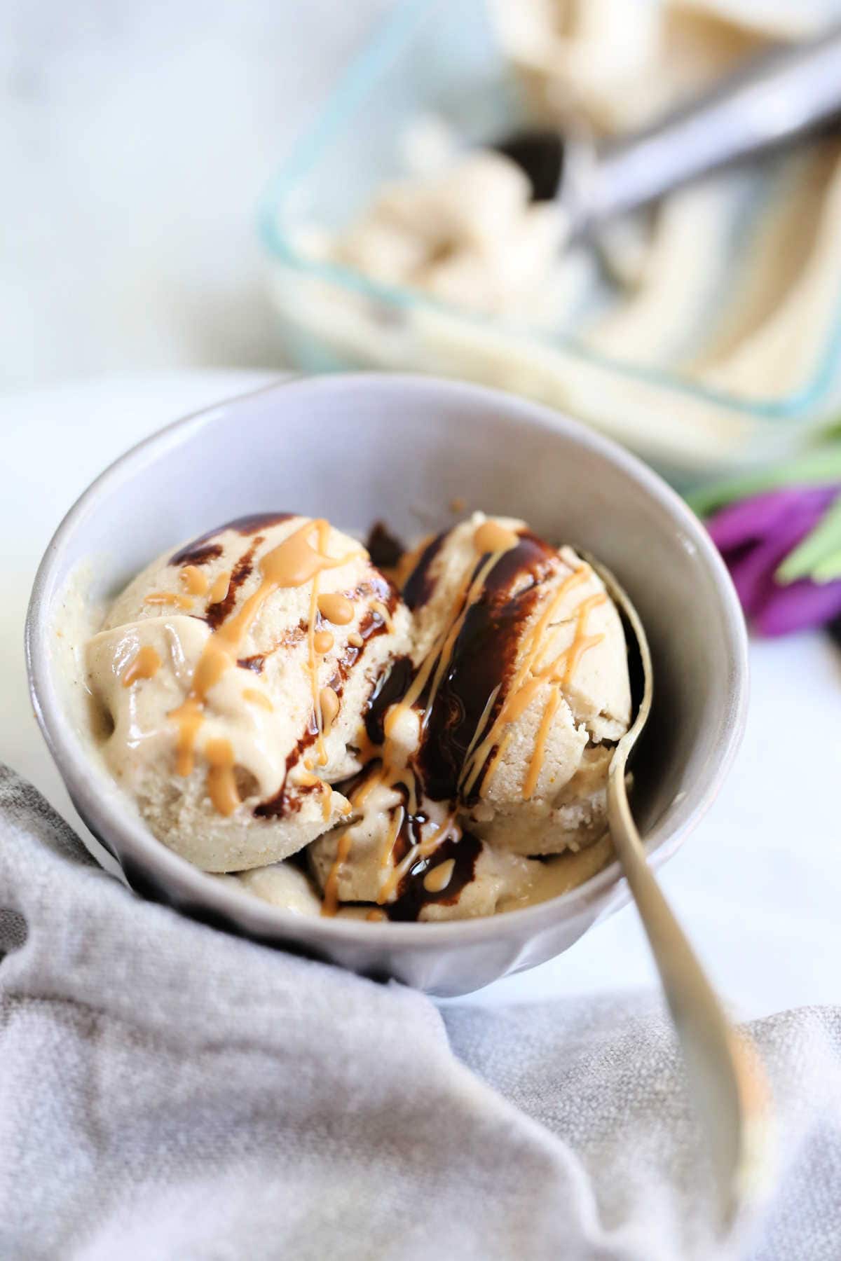Vegan Banana Ice Cream Topped with Chocolate and Peanut Butter in a Bowl with a Spoon