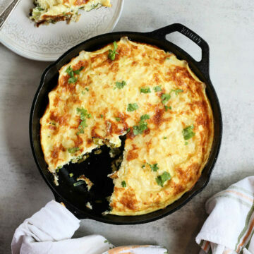 Overview of a Healthy Baked Asparagus and Leek Frittata In A Cast Iron Skillet