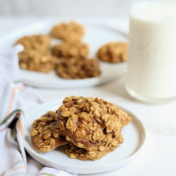 Healthy Chewy Peanut Butter Oatmeal Cookie Recipe On A Plate With A Glass Of Milk And Towel