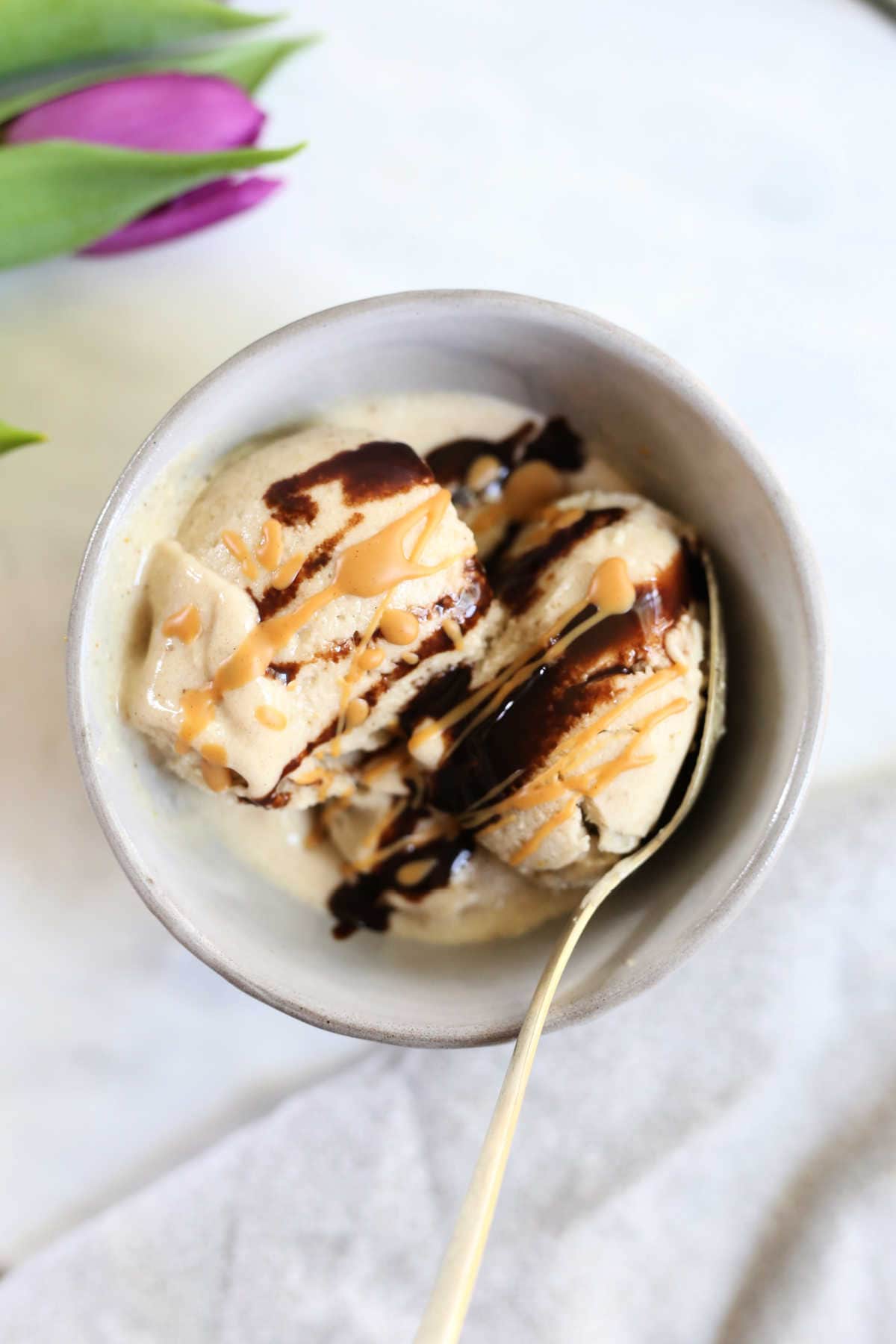 Vegan Banana Ice Cream Scoops in a Bowl with a Spoon