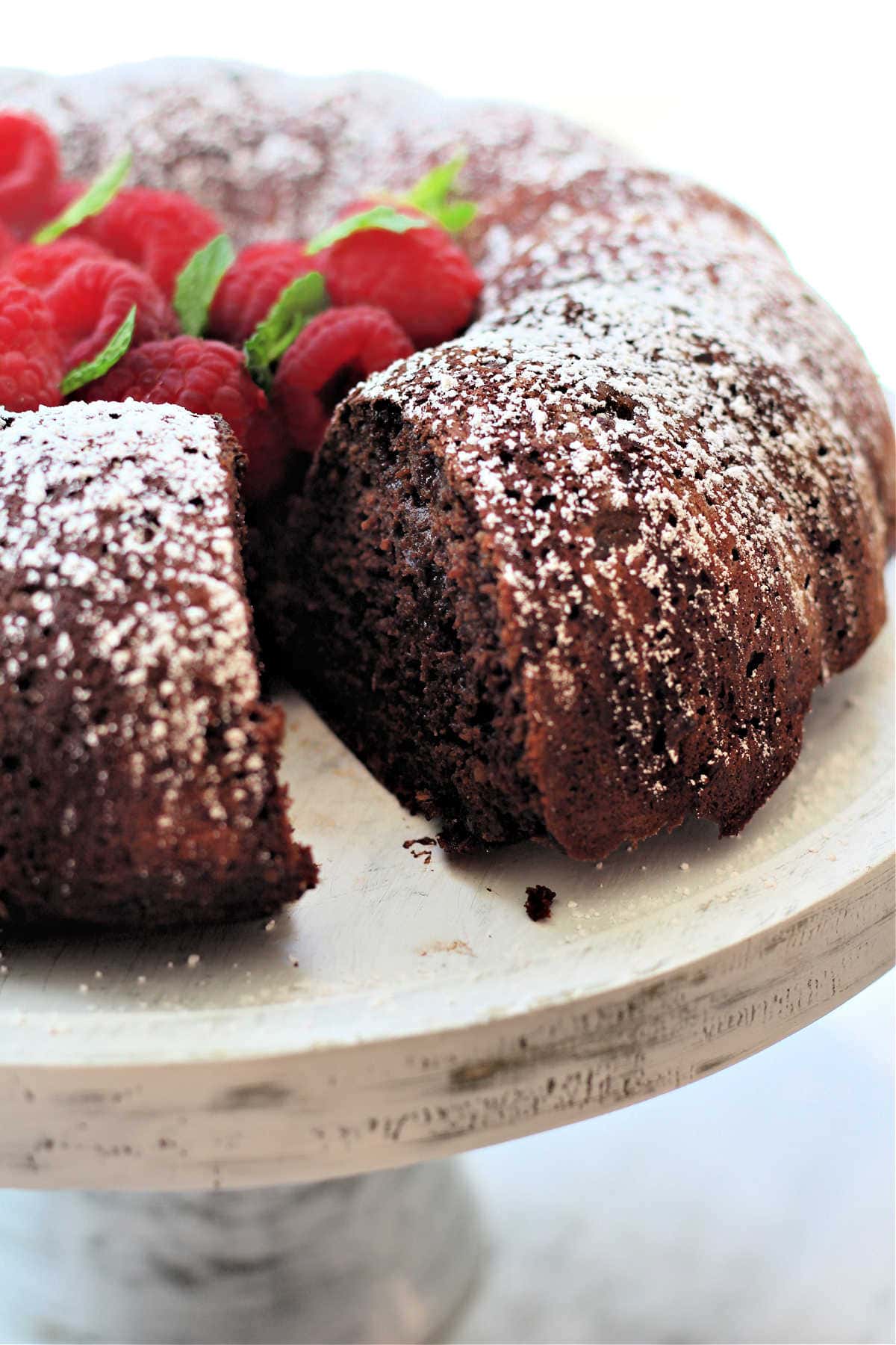 Healthy Chocolate Bundt Cake with Slice Removed