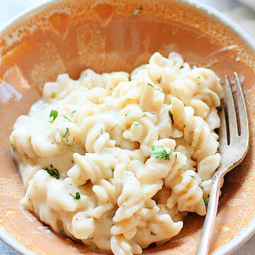 Heathy Easy Goat Cheese Macaroni and Cheese in a Bowl with Fork