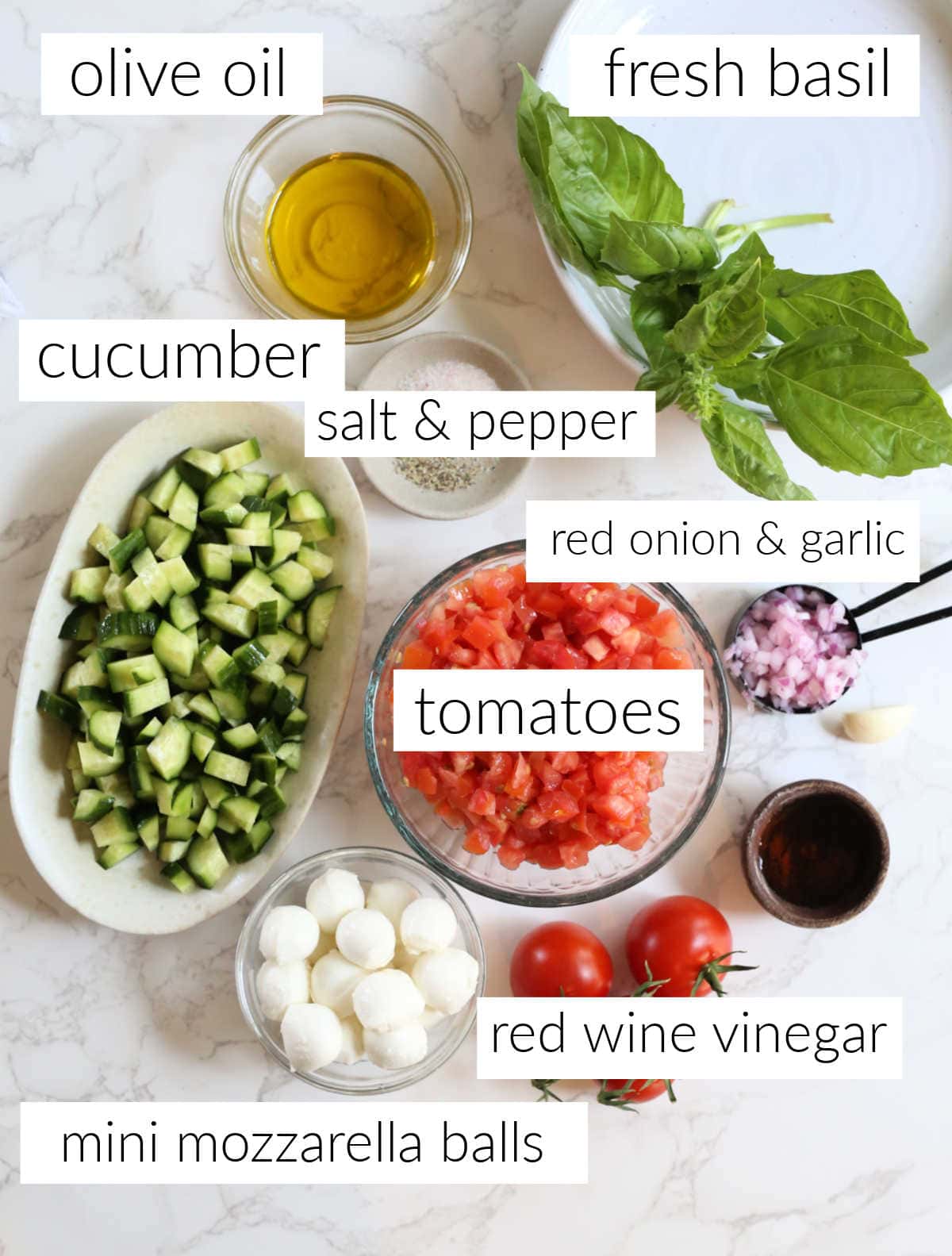 Ingredients of tomatoes, cucumber, mini mozzarella balls, garlic, onion, olive oil, red wine vinegar, salt, pepper, and basil leaves.