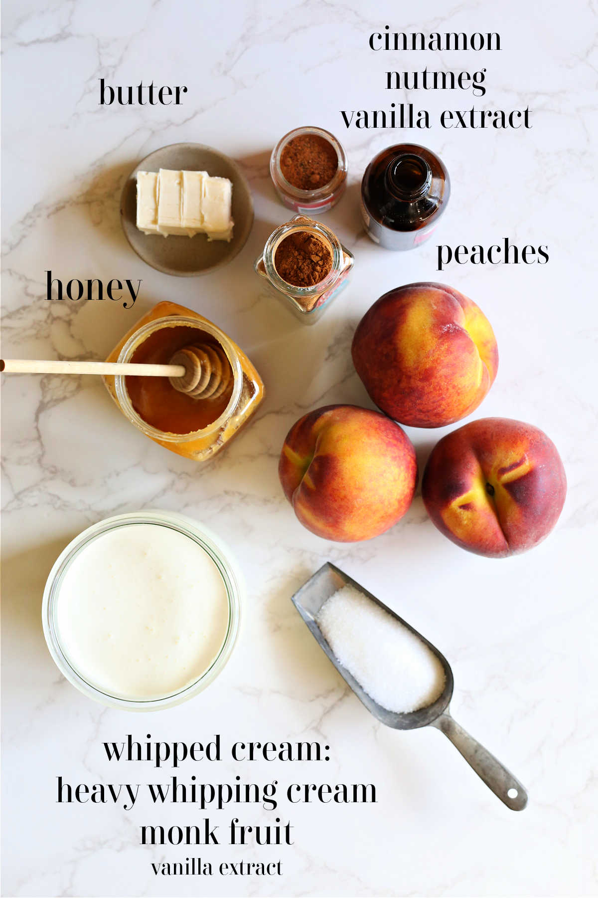 Key ingredients for stuffed peaches including peaches, honey, whipped cream, cinnamon, nutmeg.