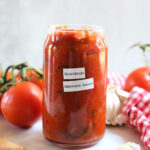 Easy marinara sauce recipe in a jar with a label.