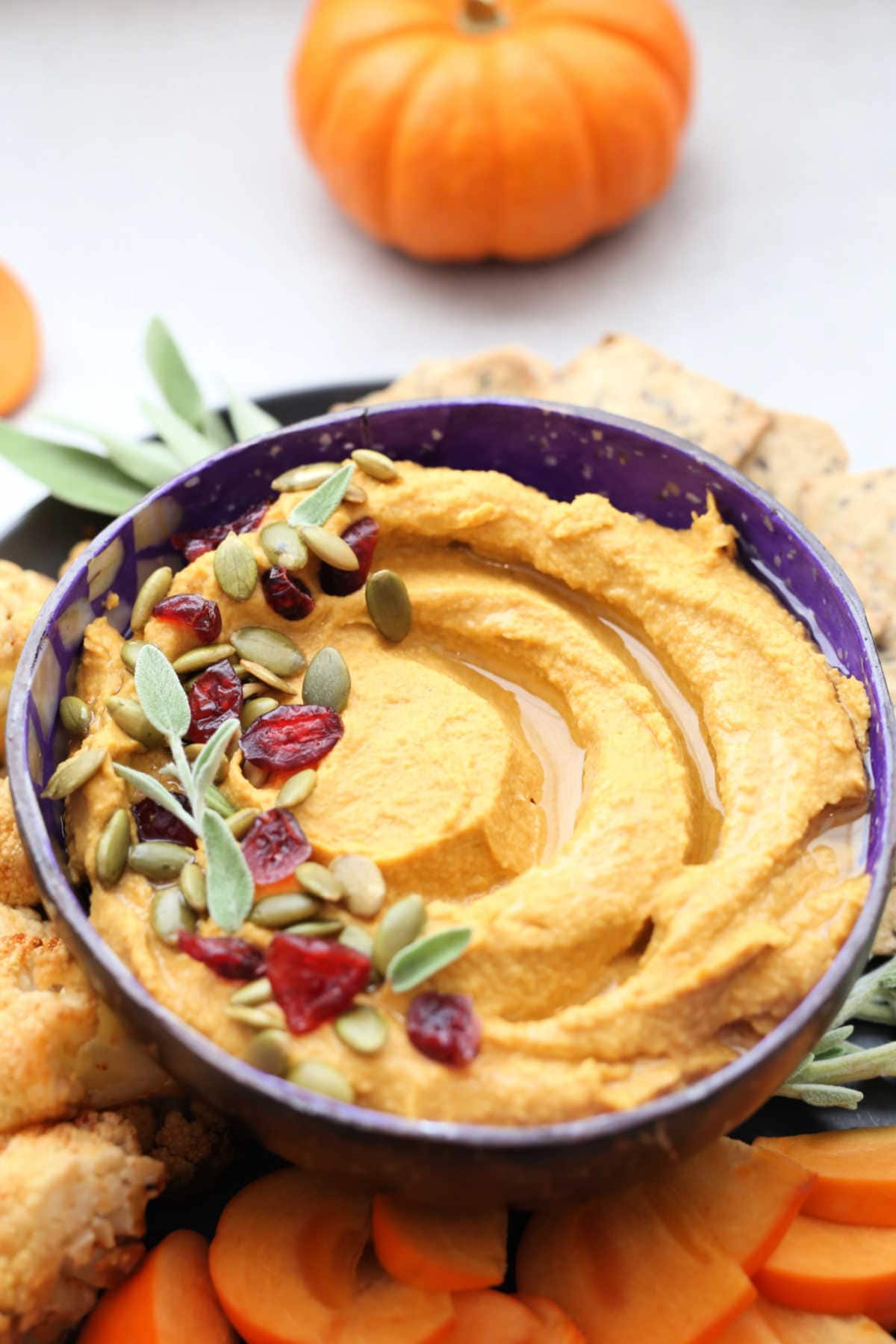 Pumpkin hummus fall appetizer recipe in a bowl topped with dried cranberries and pumpkin seeds.