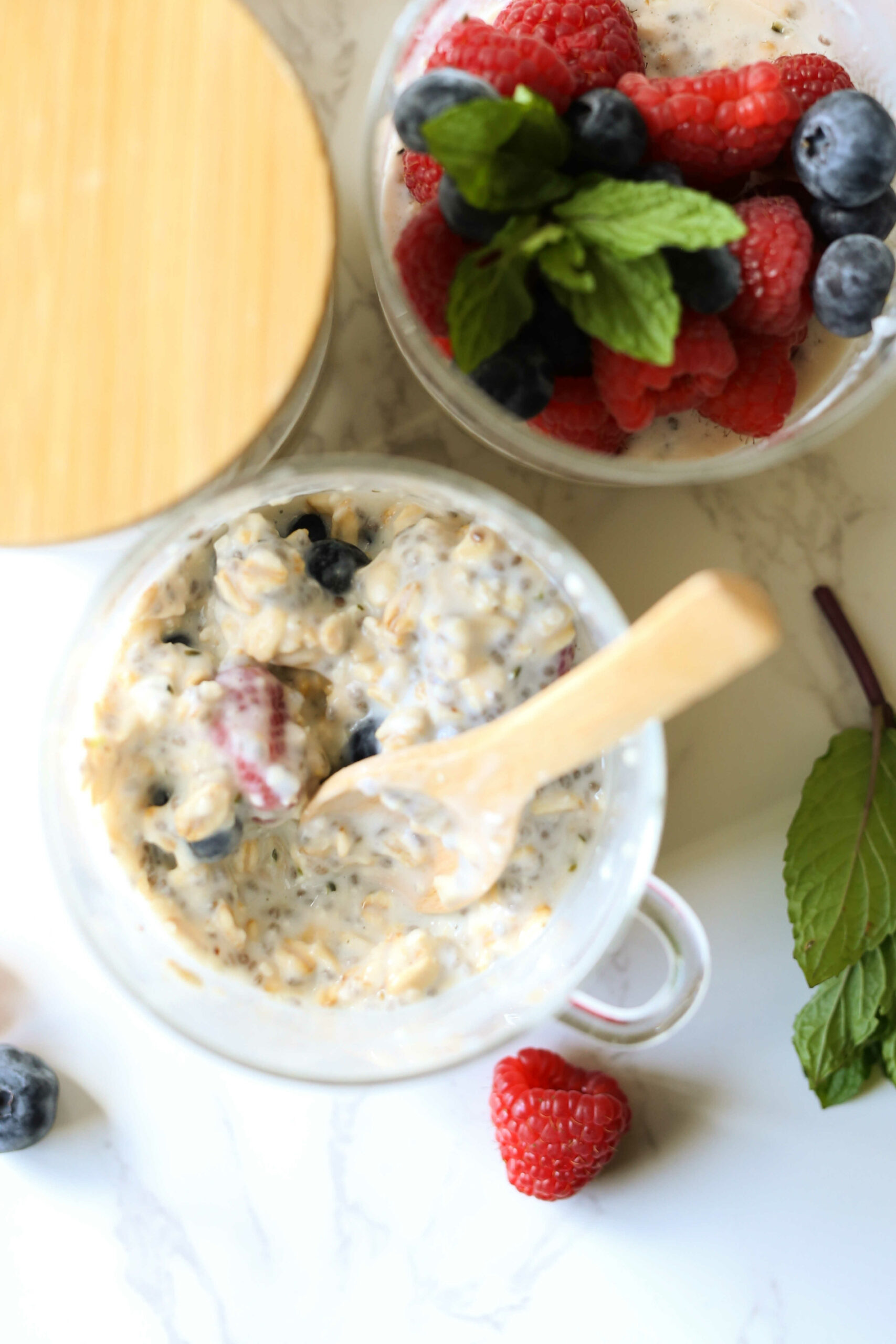 Overnight oats high protein meal in a glass jar.