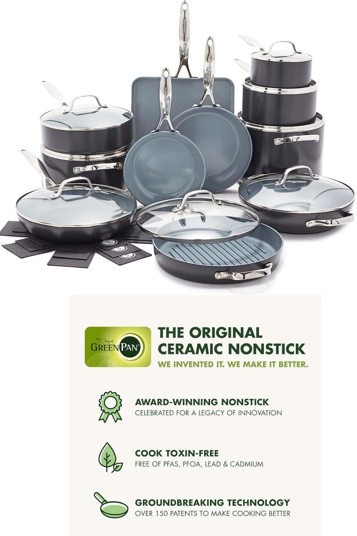 GreenPan nontoxic nonstick cookware set.