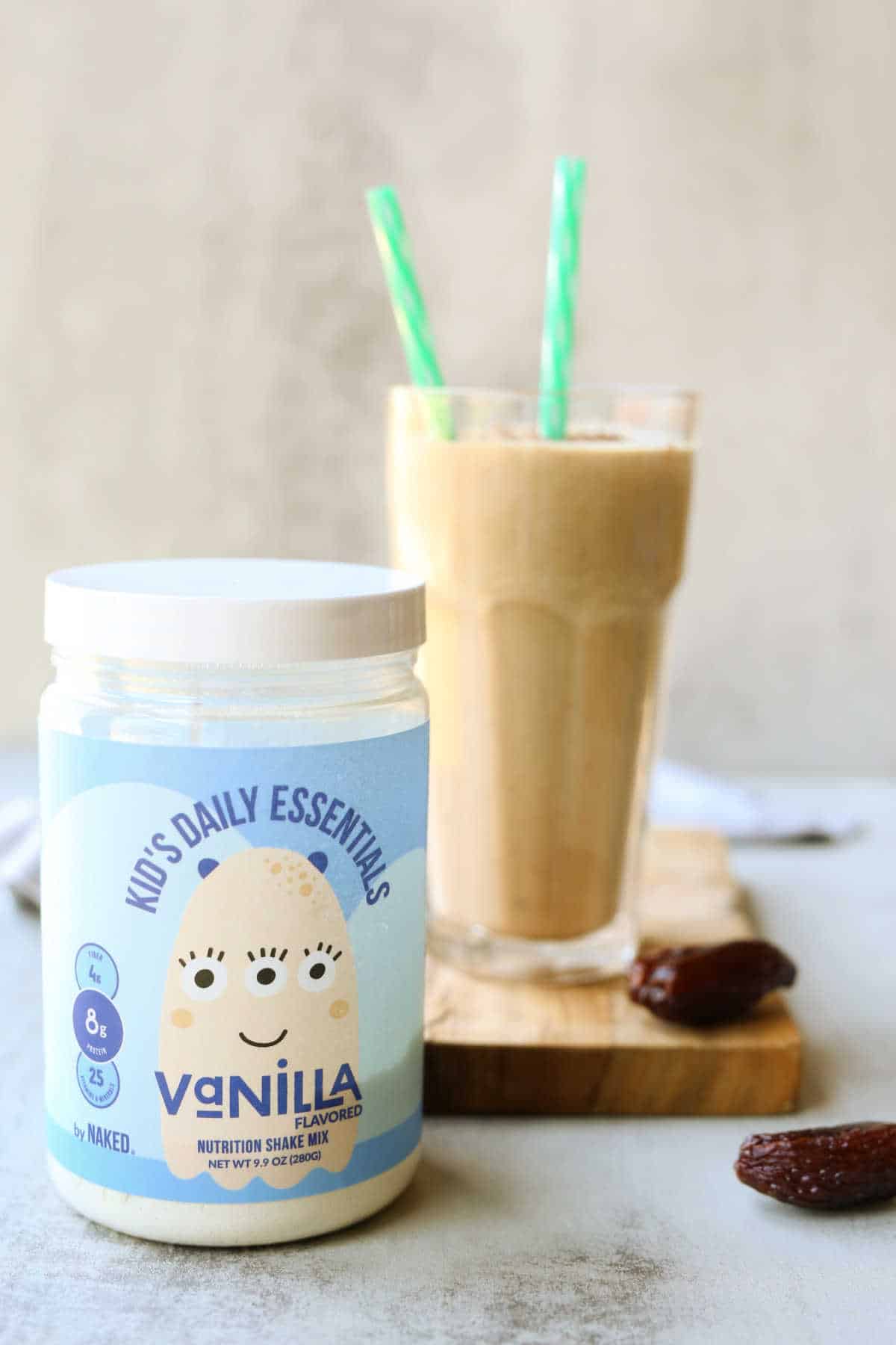 Vanilla protein powder and a banana peanut butter smoothie for kids.