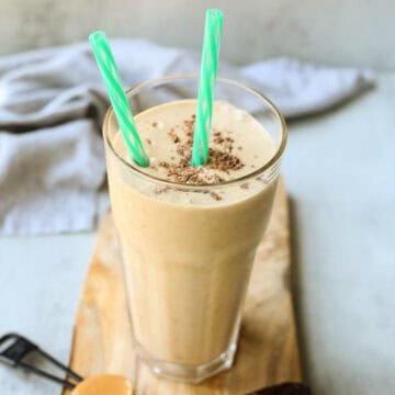Banana peanut butter protein smoothie recipe in a glass.