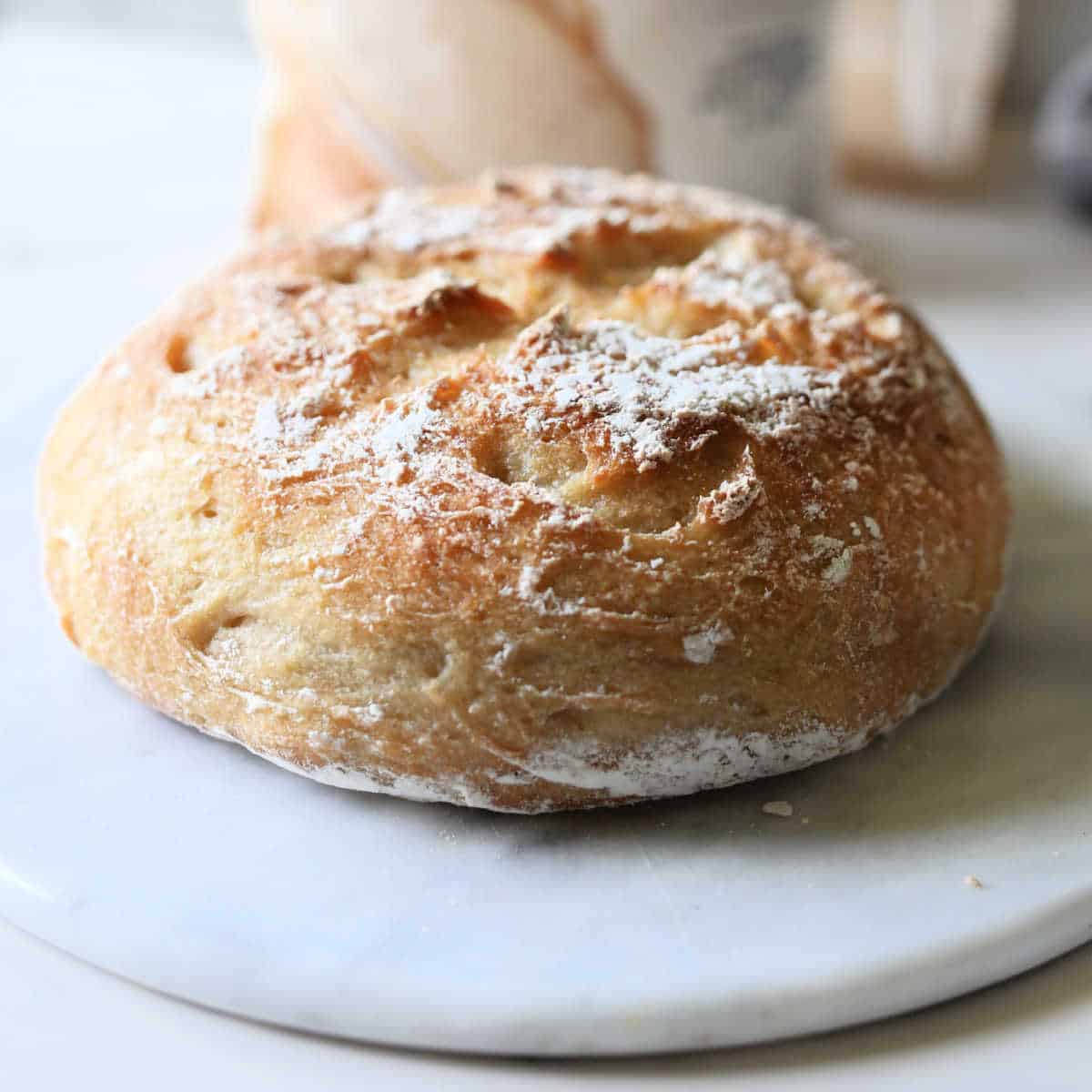 Round loaf of gluten-free sourdough bread baked from the starter, dusted with flour.