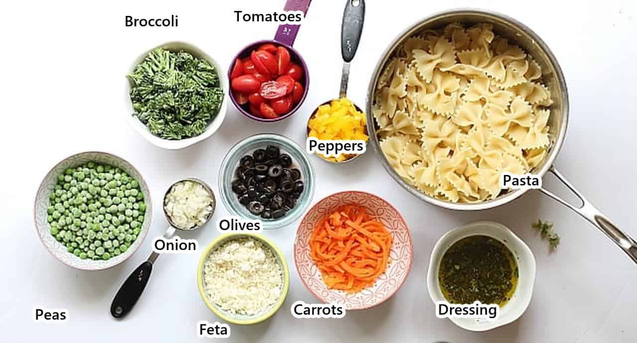 Labeled ingredients for bowtie pasta salad: broccoli, tomatoes, peppers, pasta, peas, onion, olives, feta, carrots and Italian dressing.